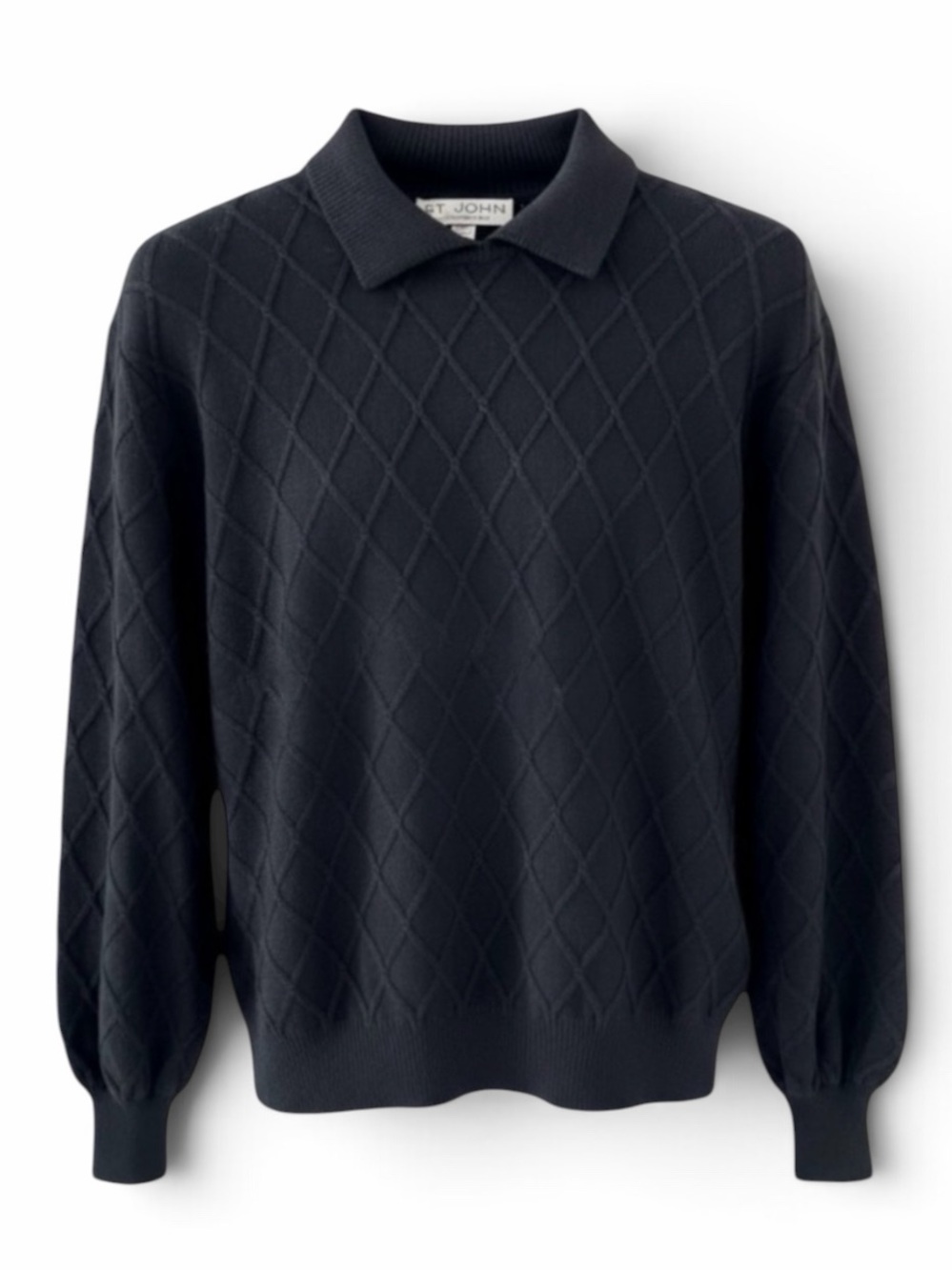 St. John Black Diamond Stitch Long Sleeve Knit Polo Sweater Size 2
